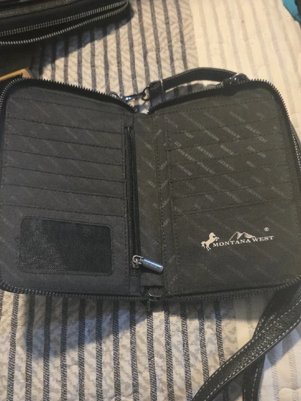 Women's Black Wristlet Wallet with Gold Floral Embroidery